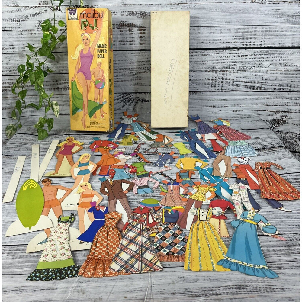 Vintage Toy 60 pc Malibu PJ Barbie Ken Magic Paper Dolls Clothes Surfer 1972